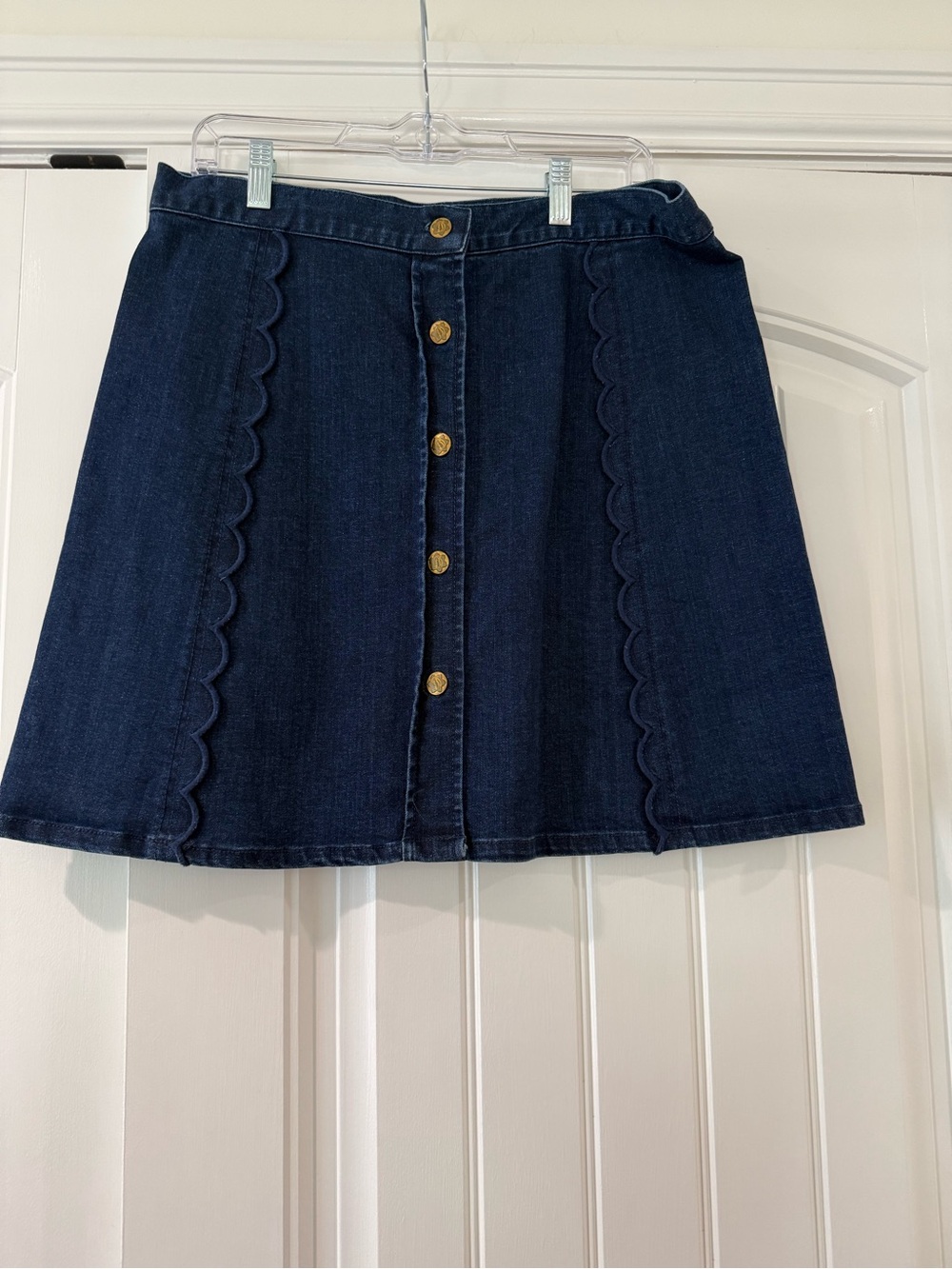 Draper James Dark Blue Denim A-Line Skirt with Scallop Trim